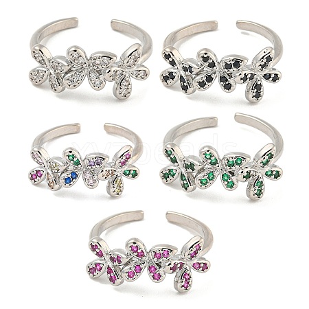 Flower Rack Plating Brass Micro Pave Cubic Zirconia Open Cuff Rings for Women RJEW-N047-01P-RS-1