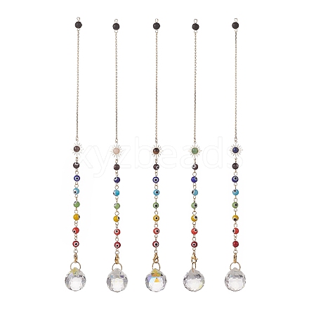 Mixed Natural Gemstone Drowsing Pendulums with Chakra Handmade Lampwork Evil Eye & Brass Sun PALLOY-JF01974-1