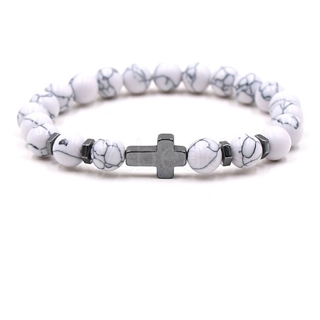 8MM Round Dyed Synthetic Turquoise Beaded Stretch Bracelets with Synthetic Non-magnetic Hematite Cross FA1012-8-1