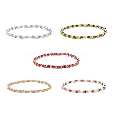 5Pcs 5 Color Glass Seed Beaded Stretch Bracelets Set for Women BJEW-JB08618-1