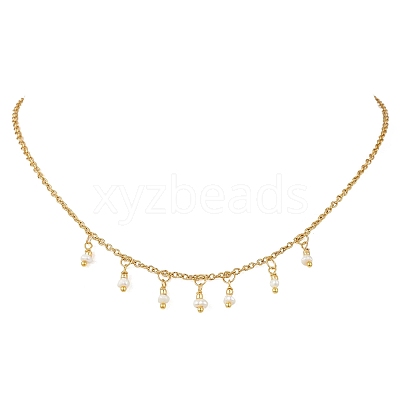 Natural Pearl Rice Pendant Bib Necklaces with 304 Stainless Steel Cable Chains NJEW-JN05944-1