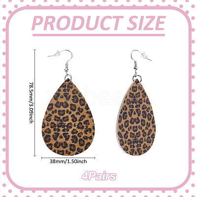 4 Pairs Artificial Leather Teardrop with Leopard Print Dangle Earrings EJEW-UN0002-92B-1