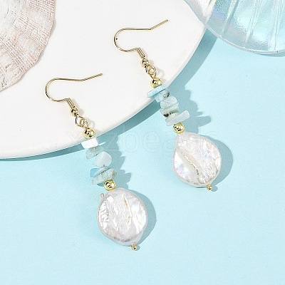 Natural Larimar Chip & Natural Keshi Pearl Dangle Earrings EJEW-JE07445-02-1