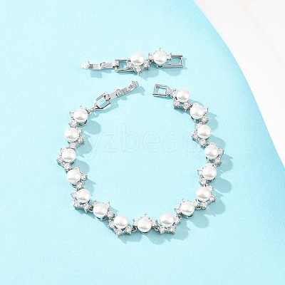 Platinum Tone Brass Micro Pave Cubic Zirconia & Plastic Pearl Tennis Bracelets BJEW-B160-16P-1