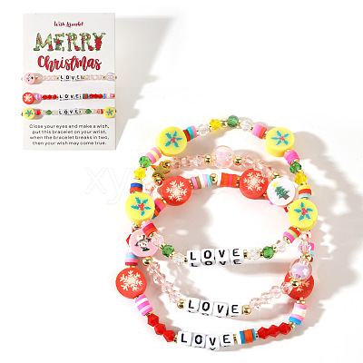 3Pcs Christmas Theme Handmade Polymer Clay & Glass Bicone Beads Stretch Bracelet Sets QY3550-11-1