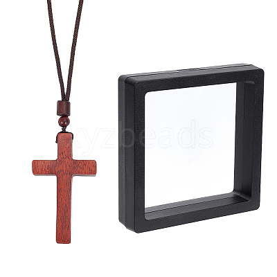 Wooden Cross Pendant Necklace with Polyester Cords NJEW-NB0001-17-1
