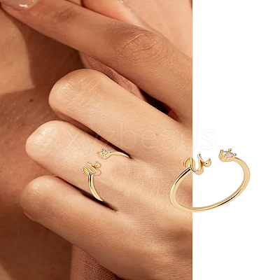 1Pc Letter Brass Rhinestone Open Cuff Rings for Women AJEW-LP0004-47U-G-1