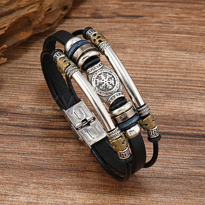 Viking Helm Alloy & Imitation Leather & CCB Plastic Multi-strand Bracelets for Men FS-WG23689-01-1