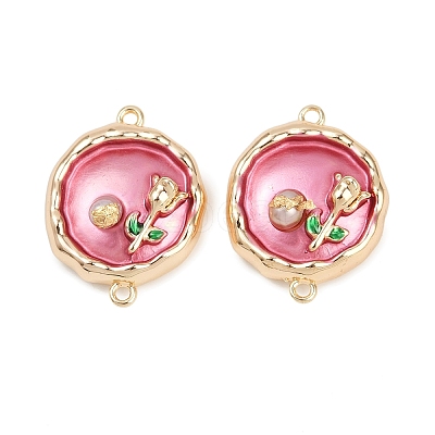 Brass Enamel & Natural Pearl Flat Round with Flower Connector Charms KK-K351-50G-01-1