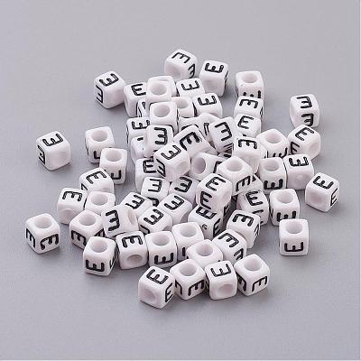 White Letter E Cube Acrylic Beads X-PL37C9308-E-1