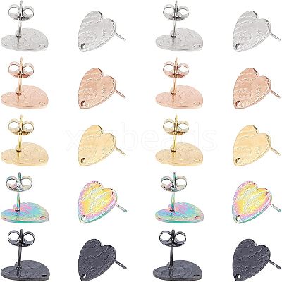 30Pcs 5 Colors Heart Shape with Textured PVD Vacuum Plating 304 Stainless Steel Stud Earring Findings EJEW-UN0001-62-1