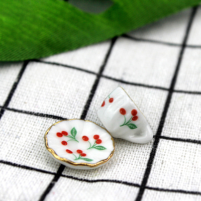 2Pcs Cherry Pattern Mini Porcelain Teacup & Saucer Set BOTT-PW0001-209-1