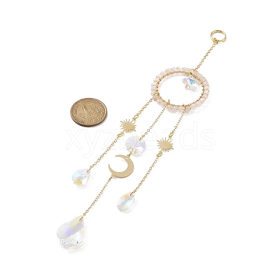 Natural Rose Quartz Woven Net/Web with Feather Window Hanging Suncatchers HJEW-JM00852-01-1
