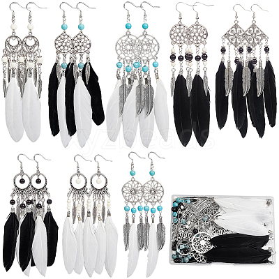 DIY Woven Net/Web with Feather & Synthetic Turquoise & Magnesite & Alloy Dangle Earring Making Kits DIY-SC0028-19-1