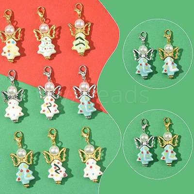 7Pcs 7 Colors Christmas Tree Handmade Porcelain & ABS Plastic Imitation Pearl Angel Pendant Decorations HJEW-FS00083-1