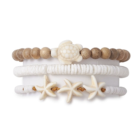 3Pcs 3 Styles Tortoise Round Wood & Disc Sea Shell Beaded Stretch Bracelet Sets BJEW-JB10311-1