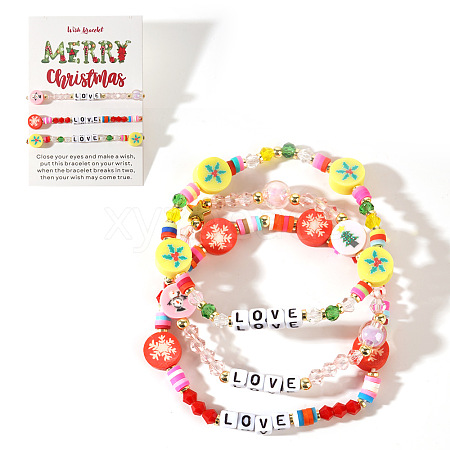 3Pcs Christmas Theme Handmade Polymer Clay & Glass Bicone Beads Stretch Bracelet Sets QY3550-11-1