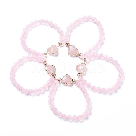 Natural Rose Quartz Stretch Heart Link Bracelets BJEW-P265-01D-1