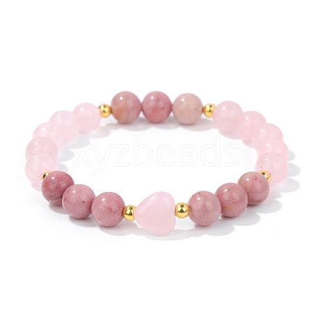 Heart & Round Natural Rhodonite Bead Stretch Bracelets MK5607-3-1