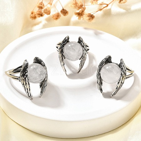 Natural Quartz Crystal Wings Adjustable Rings RJEW-K241-04AS-07-1