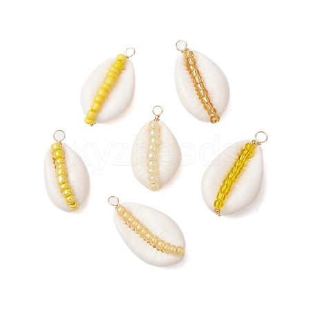 6Pcs 6 Styles Natural Cowrie Shell & Glass Seed Beads Pendants PALLOY-JF02759-05-1