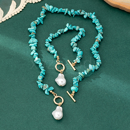 Alloy & Synthetic Turquoise Chips Beaded Necklaces & Beaded Bracelets Sets FS-WG6FE76-01-1