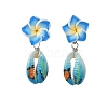 Handmade Polymer Clay 3D Flower Plumeria & Flower Word Printed Cowrie Shell Dangle Stud Earrings for Women EJEW-JE07483-4