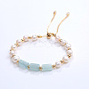 Natural Aquamarine & Plastic Imitation Pearl Bead Slider Bracelets AT8786-1-1