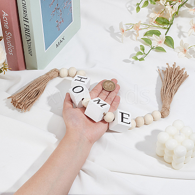 Wood Beaded Garland with Jute Cord Tassels DJEW-WH0042-68A-1