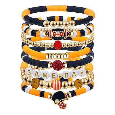 7Pcs Rugby Polymer Clay Heishi & CCB Plastic Beaded Stretch Bracelets Set FS-WGC7825-07-1