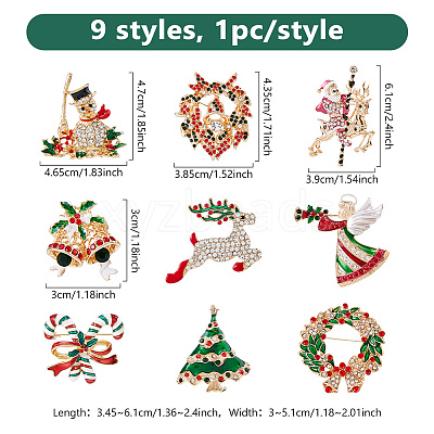9Pcs 9 Styles Christmas Theme Rhinestone Brooch Pin JEWB-DC0001-33-1
