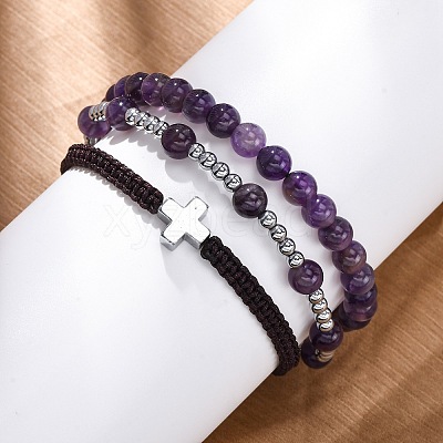 Adjustable Natural Amethyst & Hematite Braided Bead Bracelets BJEW-U035-01C-1