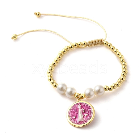 Adjustable Flat Round with Holy Virgin Charms Bracelet BJEW-Z073-01G-04-1