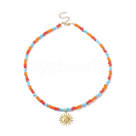 Brass Sun Pendant Necklace with Glass Seed Beaded for Women NJEW-JN03929-1