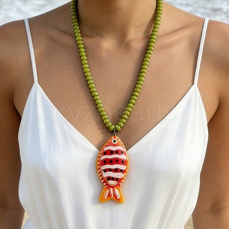 Summer Beach Resin Red Fish Pendant Rondelle Beaded Necklaces for Women WG3A5E5-02-1