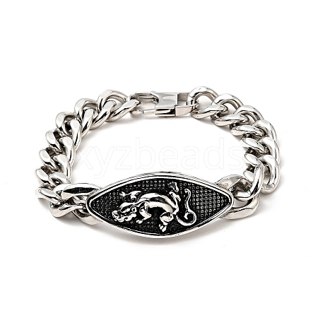 304 Stainless Steel Rhombus with Leopard Link Bracelet with Curb Chains for Men Women BJEW-E009-20P-1