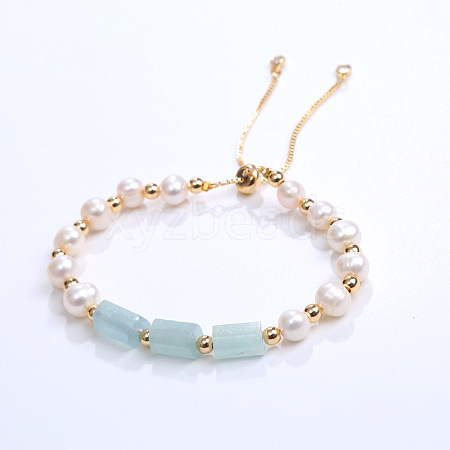 Natural Aquamarine & Plastic Imitation Pearl Bead Slider Bracelets AT8786-1-1