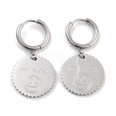 Tarnish Resistant Flat Round with Smiling Face 304 Stainless Steel Dangle Earrings EJEW-L283-085P-1