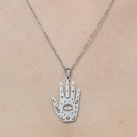 201 Stainless Steel Hollow Hamsa Hand with Eye Pendant Necklace NJEW-OY001-78-1