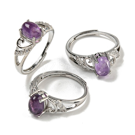 Oval Natural Amethyst Adjustable Rings RJEW-Q818-01P-03B-1