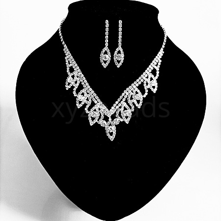 Leaf Brass Pave Clear Cubic Zirconia & Rhinestone Pendant Necklaces & Stud Earrings Sets FS-WG35E42-01-1
