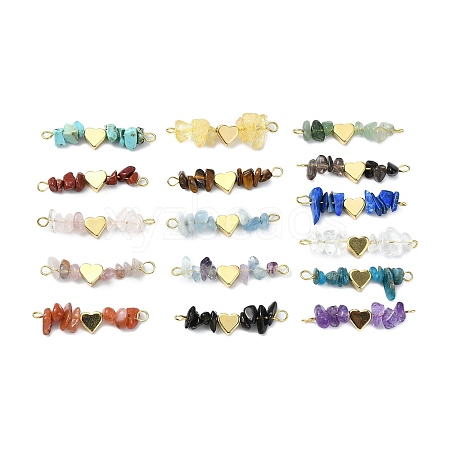 16Pcs 16 Styles Mixed Gemstone Chip Beaded with Brass Heart Connector Charms PALLOY-JF03059-01-1