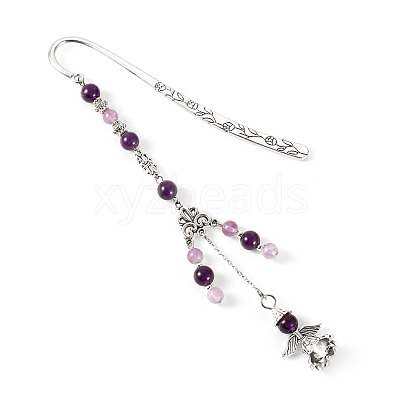 Natural Amethyst Round Beads & Alloy Angel Bookmarks AJEW-TA00053-1