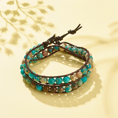 Round Natural Imperial Jasper(Dyed) Braided Wrap Bracelet BJEW-JB08175-1