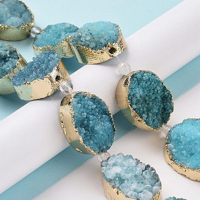 Golden Plated Dyed Oval Natural Drusy Quartz Crystal Beads Strands G-F144-07-1