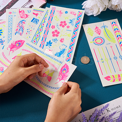 8 Sheets 8 Style Creative Fluorescent Arm Removable Temporary Tattoos Paper Stickers STIC-TA0002-02-1