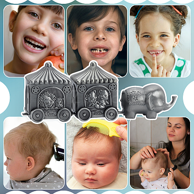 Tibetan Style Zinc Alloy Elephant Train Engraved My First Curl/Tooth Boxes CON-WH0089-108AS-1