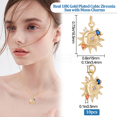 10Pcs Sun with Moon Brass Micro Pave Colorful Cubic Zirconia Pendants KK-BBC0004-16-1