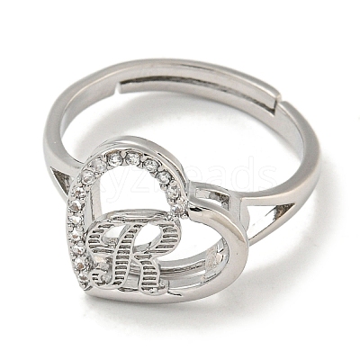 Heart with Letter Rack Plating Brass Micro Pave Cubic Zirconia Adjustable Rings for Women RJEW-I105-06P-R-1