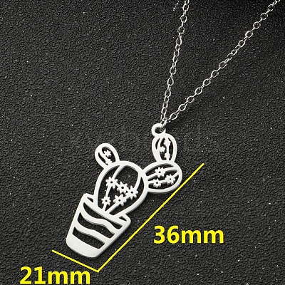 304 Stainless Steel Cutout Cactus Potted Plant Pendant Necklaces for Women WGA529A-02-1